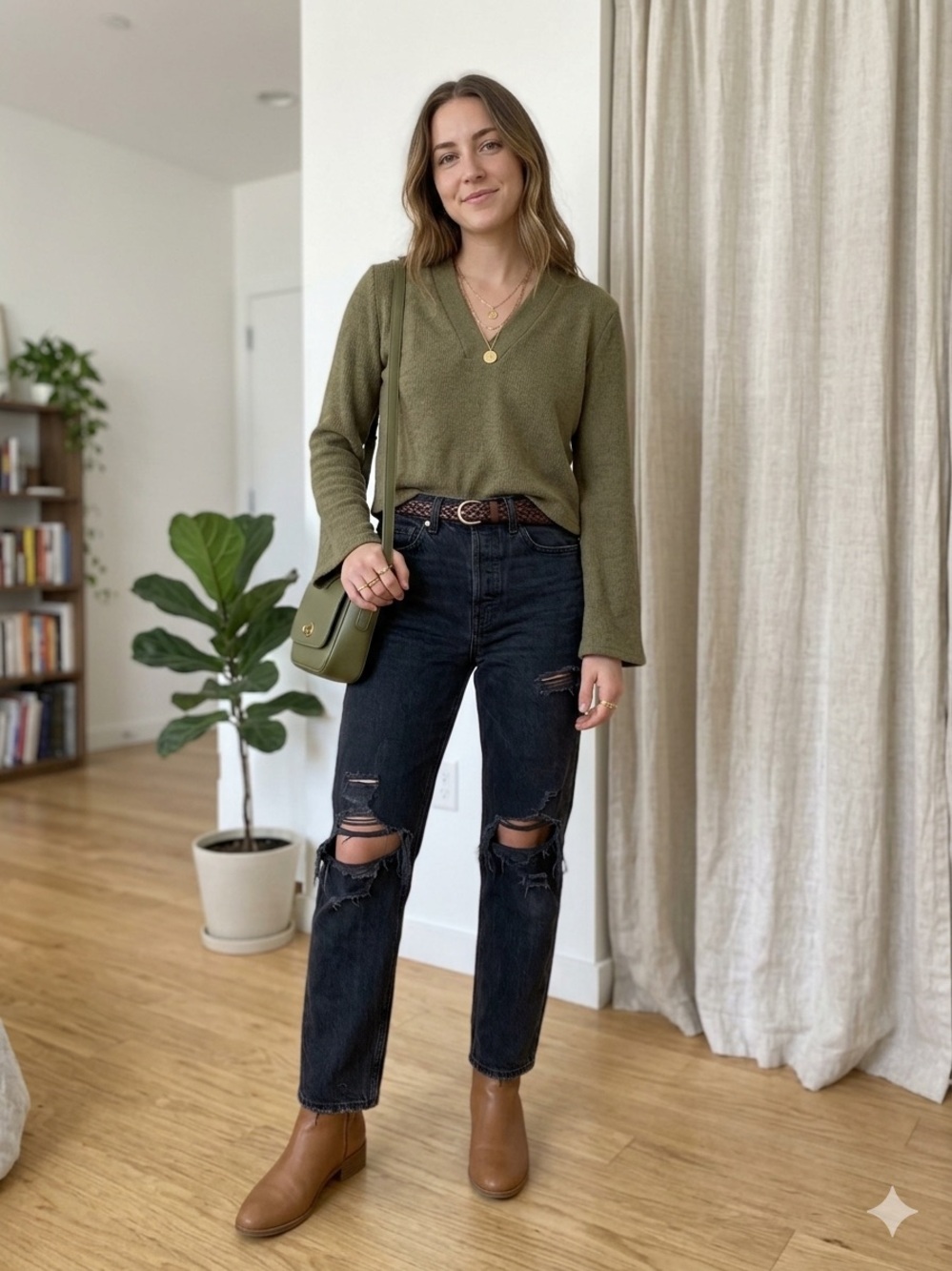 H&M Cropped V-Neck Knit Sweater - Olive Khaki Green (Size XS) EUC
